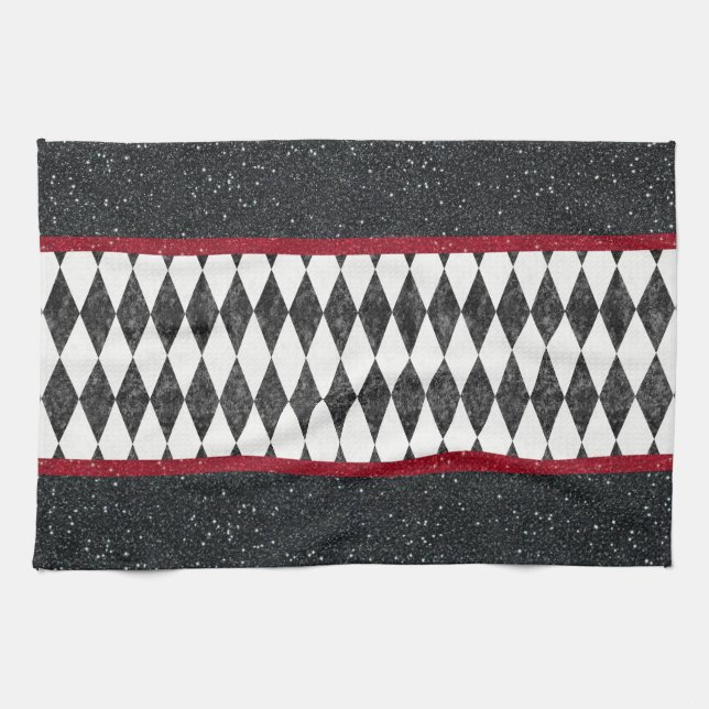 Classic Black White Red Harlequin Diamond Argyle Kitchen Towel (Horizontal)