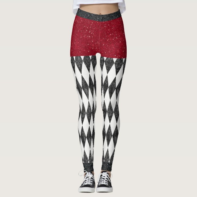 Classic Black White Red Harlequin Diamond Argyle Leggings (Front)