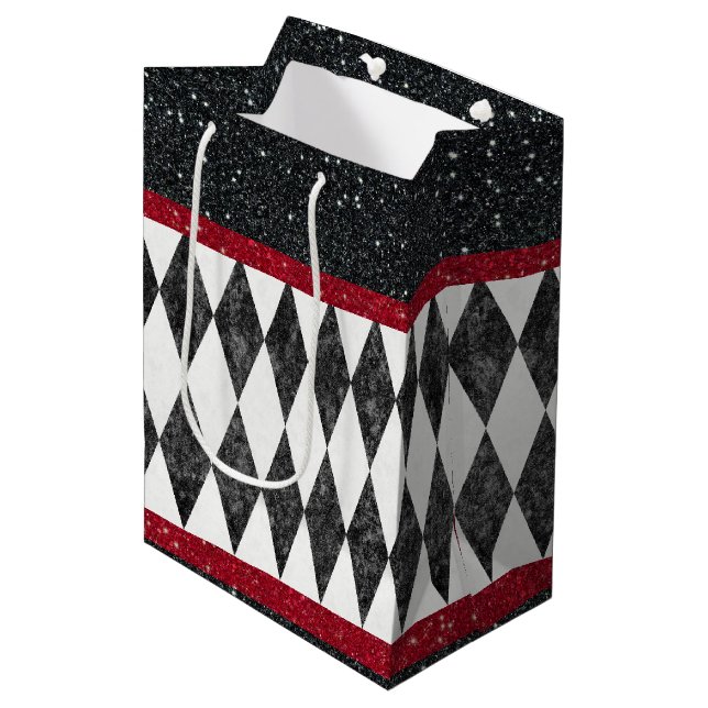 Classic Black White Red Harlequin Diamond Argyle Medium Gift Bag (Front Angled)