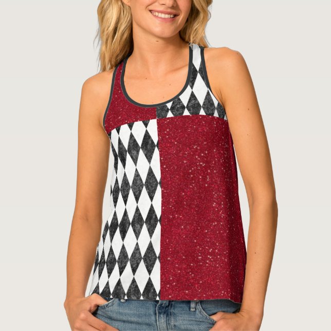 Classic Black White Red Harlequin Diamond Argyle Tank Top (Front)