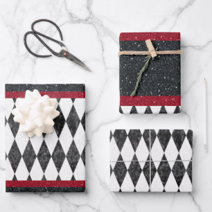 Classic Black White Red Harlequin Diamond Argyle Wrapping Paper Sheets