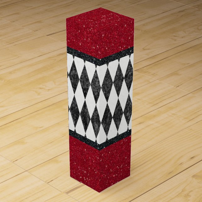 Classic Black White Red Harlequin Glitter Argyle Wine Box (Front)