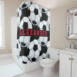 Classic black white red soccer football theme name shower curtain