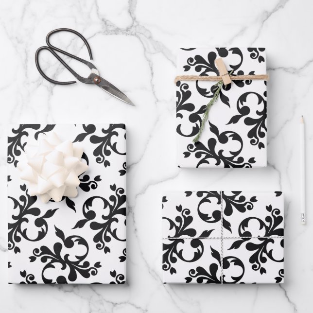 Classic Black White Rococo Pattern Christmas  Wrapping Paper Sheets (Front)