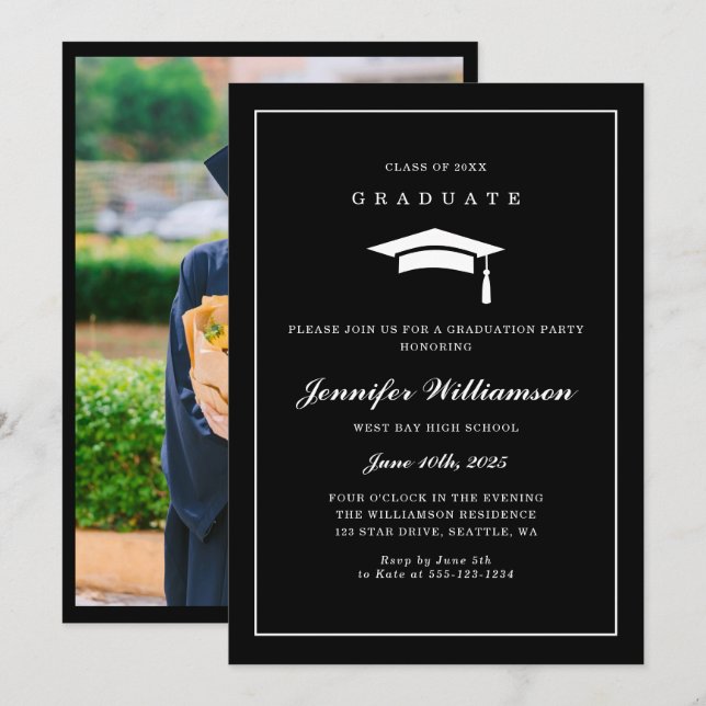 Classic Black & White Script Graduation Photo Invitation (Front/Back)