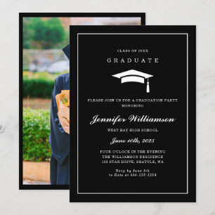 Classic Black & White Script Graduation Photo Invitation