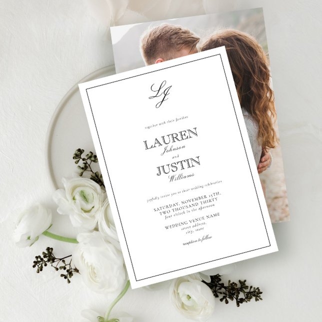 Classic Black White Script Monogram Photo Wedding Invitation (Creator Uploaded)