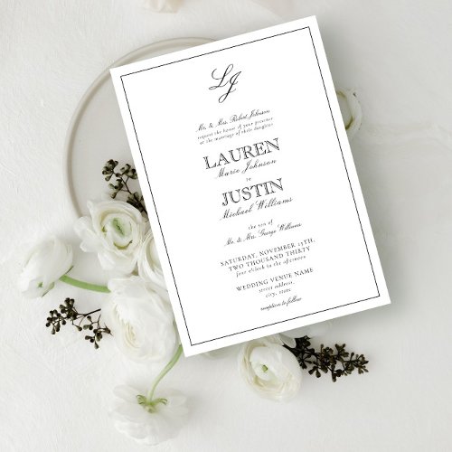 Classic Black  White Script Monogram Wedding Invitation