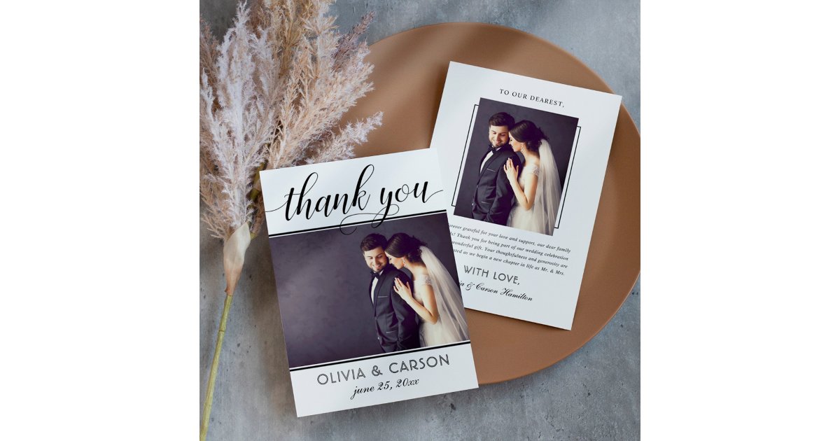 Classic Black White Script Wedding Photo Thank You Card | Zazzle