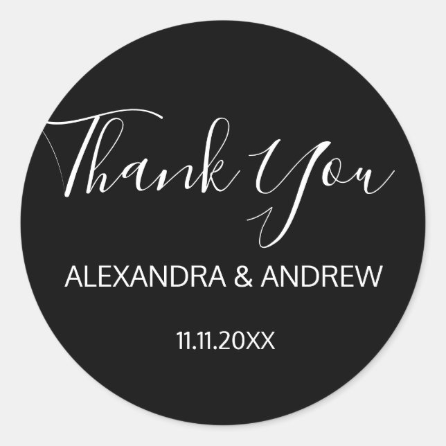 Classic Black & White Script Wedding THANK YOU Classic Round Sticker (Front)