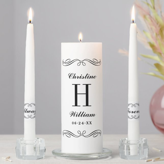 Classic Black White Scroll Wedding Monogram Unity Candle Set (In Situ)