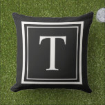 Classic Black White Square Frame Monogram Outdoor Pillow<br><div class="desc">A classic outdoor pillow featuring a bold white monogram initial inside a square frame border on a black background. The timeless serif letter and clean geometric frame create a sophisticated,  preppy accent for patio furniture,  porch seating,  or deck chairs. The initial is fully customizable.</div>