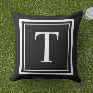 Classic Black White Square Frame Monogram Outdoor Pillow