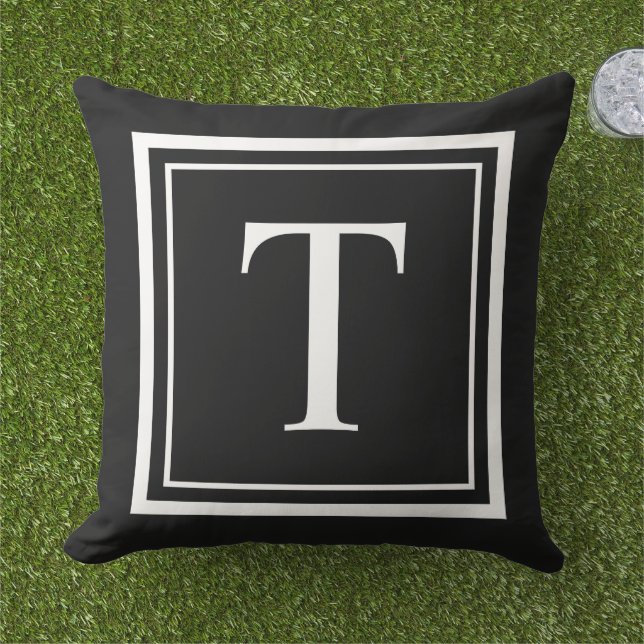 Classic Black White Square Frame Monogram Outdoor Pillow (Grass)