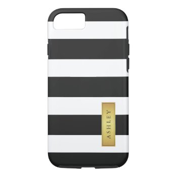 Classic Black White Stripe Pattern Gold Label Name Iphone 8/7 Case by CityHunter at Zazzle