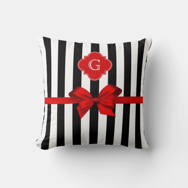 Classic Black White Stripe, Red Label, Bow Ribbon Throw Pillow (Front)