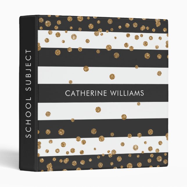 Classic Black White Stripes Gold Glitter Confetti 3 Ring Binder (Front/Spine)