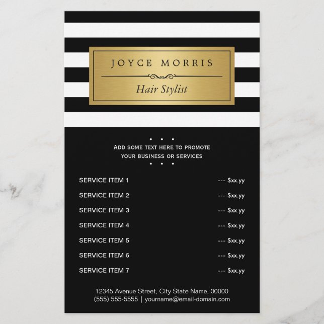 Classic Black White Stripes Gold Service Menu Flyer (Front)