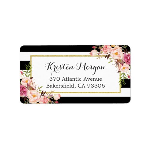 Classic Black White Stripes Pink Floral Decor Label