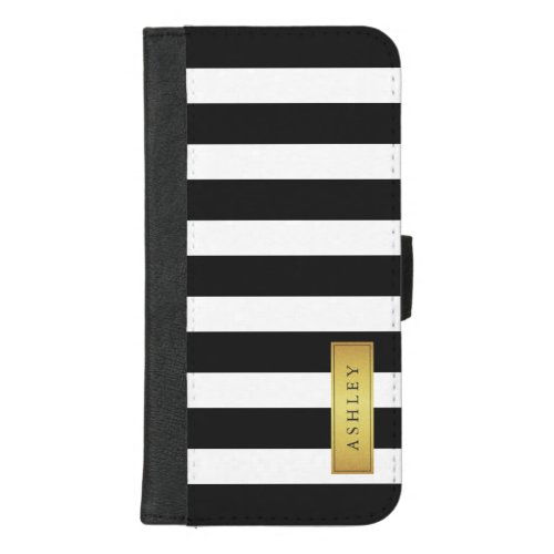 Classic Black White Stripes with Gold Label Name iPhone 87 Plus Wallet Case