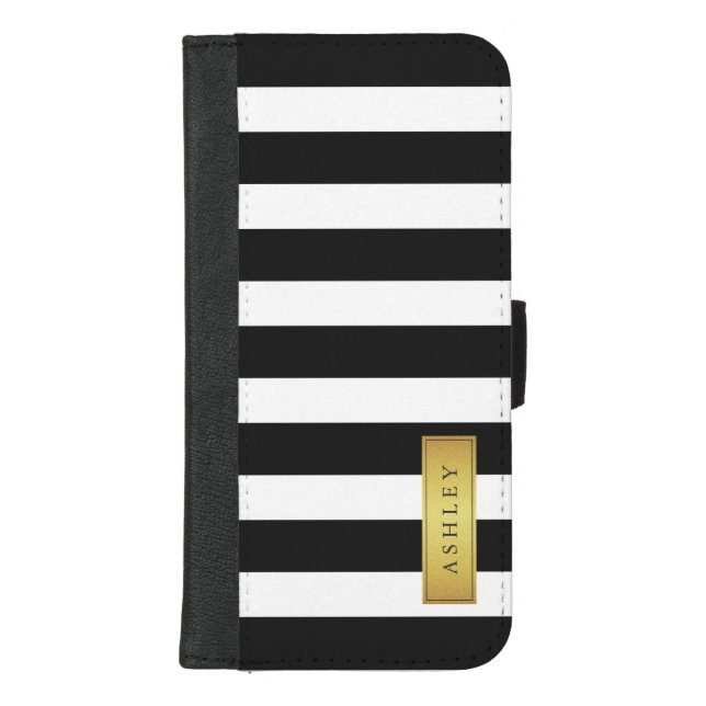 Classic Black White Stripes with Gold Label Name iPhone Wallet Case (Front)