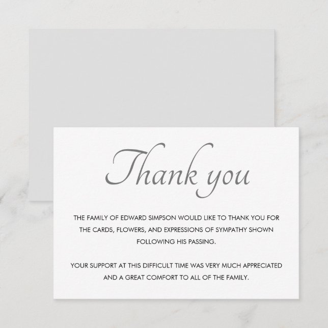 Classic Black White Thank You Funeral Card (Front/Back)