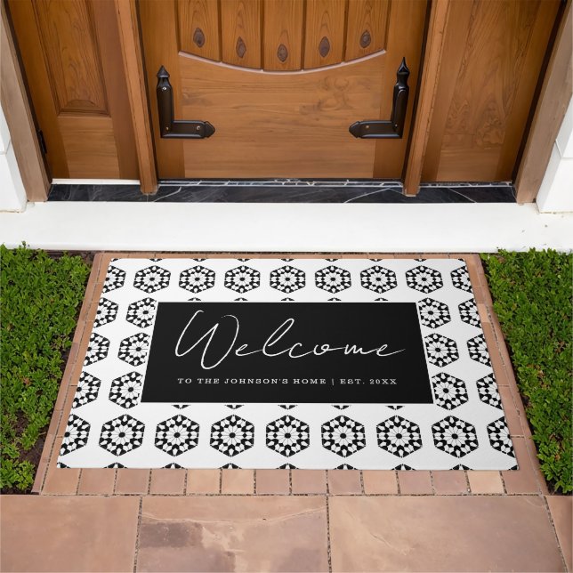 Classic Black & White Tiled Family Name Welcome Doormat (Outdoor)