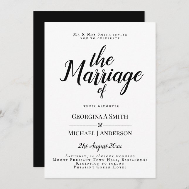 Classic Black White Typography Wedding Invitation (Front/Back)