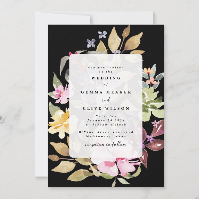 Classic Black White Watercolor Florals Wedding Invitation (Front)