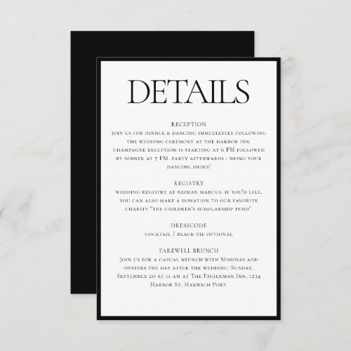 Classic Black White Wedding Details Info Enclosure Card