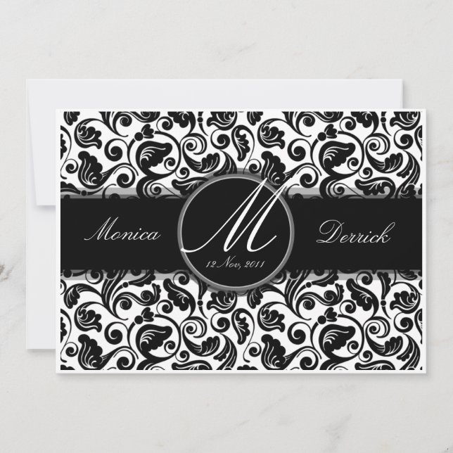 Classic black & white wedding invitation card A001 (Front)
