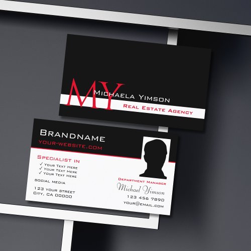 Classic Black White with Monogram and Photo Modern Business Card