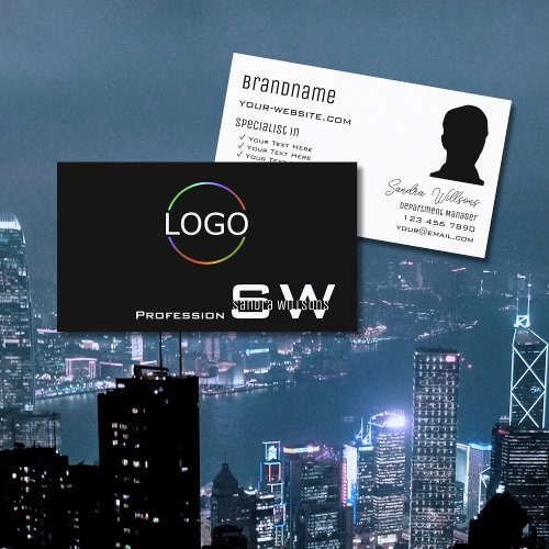 Classic Black White with Monogram Logo and Photo Business Card