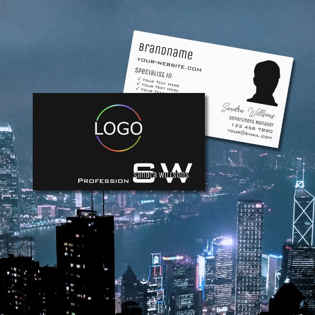 Classic Black White with Monogram Logo and Photo Business Card (Creator Uploaded)