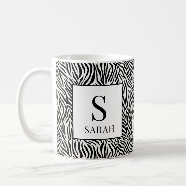 Classic Black White Zebra Monogram Initial Mug (Left)