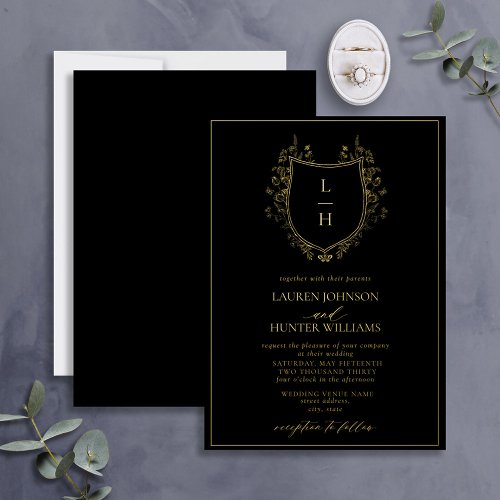 Classic Black Wildflower Monogram Crest Wedding Foil Invitation