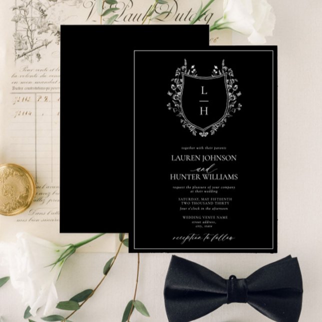 Classic Black Wildflower Monogram Crest Wedding Invitation (Creator Uploaded)