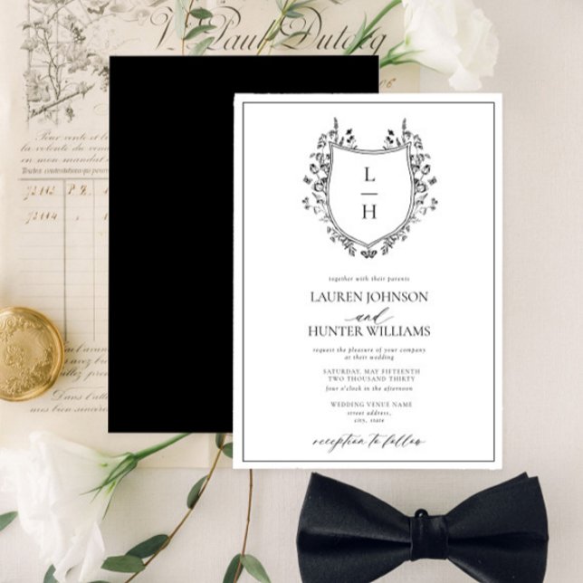 Classic Black Wildflower Monogram Crest Wedding Invitation (Creator Uploaded)