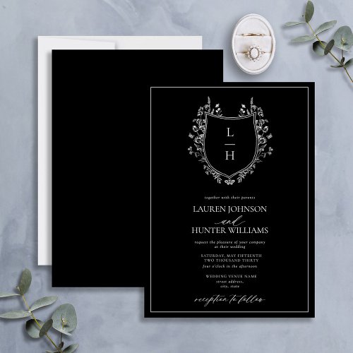 Classic Black Wildflower Monogram Crest Wedding Invitation