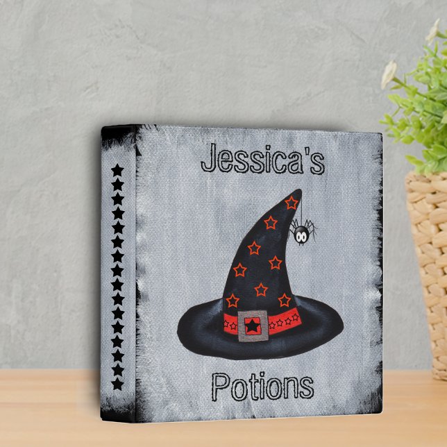 Classic Black Witch Hat Orange black Stars Potions 3 Ring Binder (Black witch hat orange stars silver buckle cute spider black stars on white and black binder.)