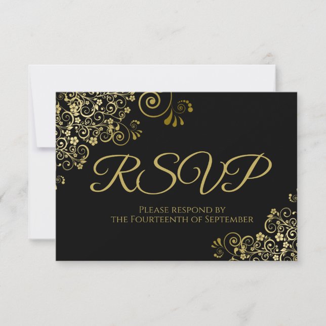Classic Black with Elegant Gold Lace Wedding RSVP Card (Front)