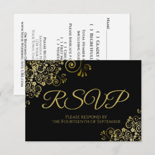 Classic Black with Elegant Gold Lace Wedding RSVP Card