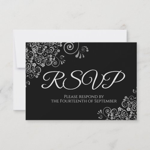 Classic Black with Elegant Silver Frills Wedding RSVP Card