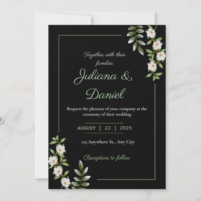 Classic Black with White Camellia Wedding Invitation (Front)