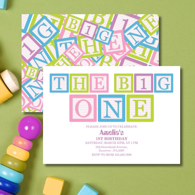 Classic Blocks Theme Simple First Birthday Invitat Invitation (Creator Uploaded)