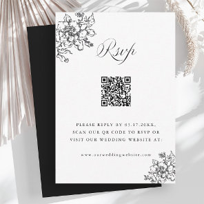 Classic Bloom Garden Black & White Wedding QR Code RSVP Card