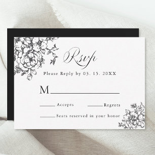Classic Bloom Garden Black & White Wedding RSVP Card