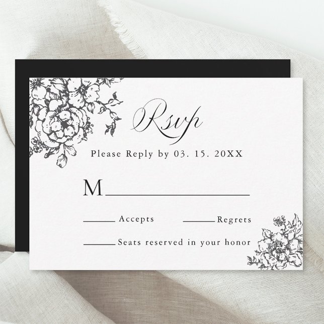 Classic Bloom Garden Black & White Wedding RSVP Card (Creator Uploaded)