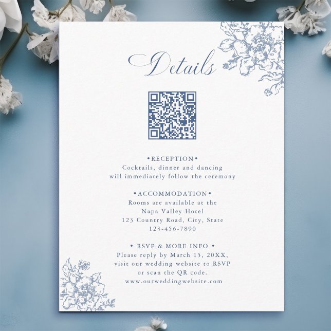 Classic Bloom Garden Dusty Blue Wedding Details Enclosure Card (Creator Uploaded)