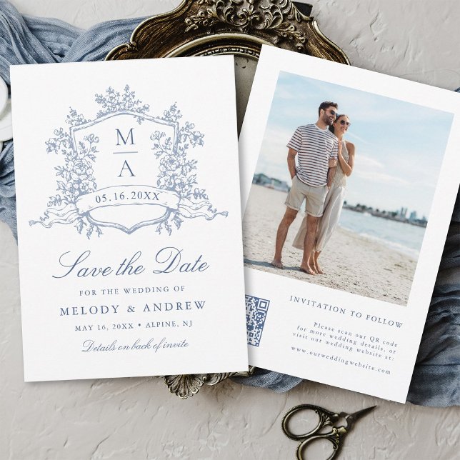 Classic Bloom Garden Dusty Blue Wedding Photo  Save The Date (Front & Back)